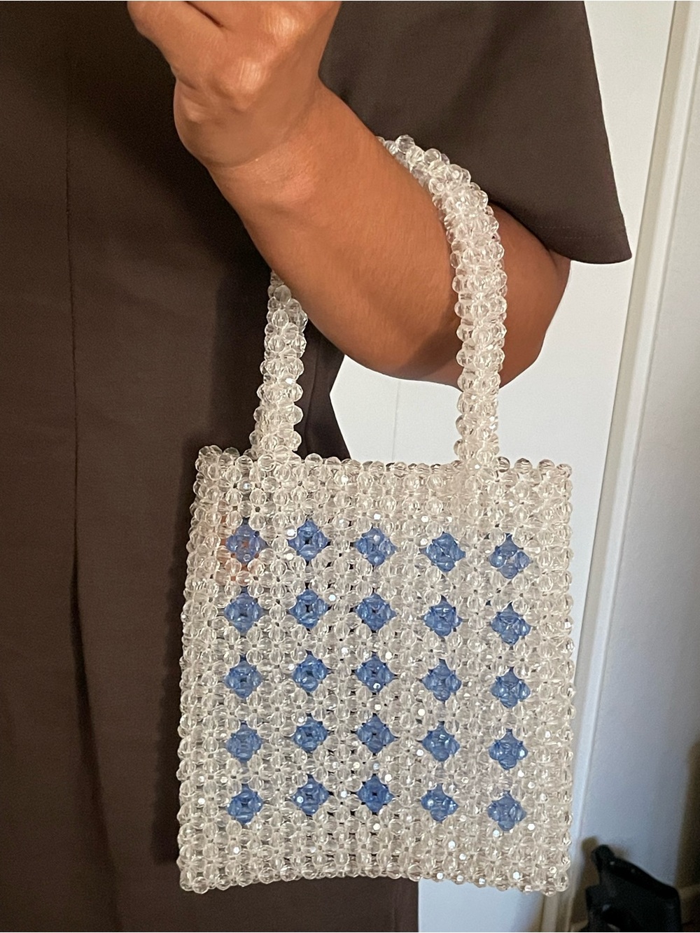 Clear Beaded Tote Bag with Blue Accents